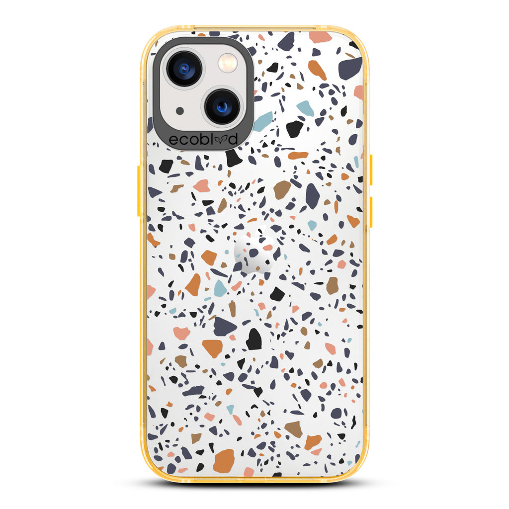 Timeless Collection - Yellow Laguna Compostable iPhone 13 Case With A Speckled Terrazzo Pattern On A Clear Back
