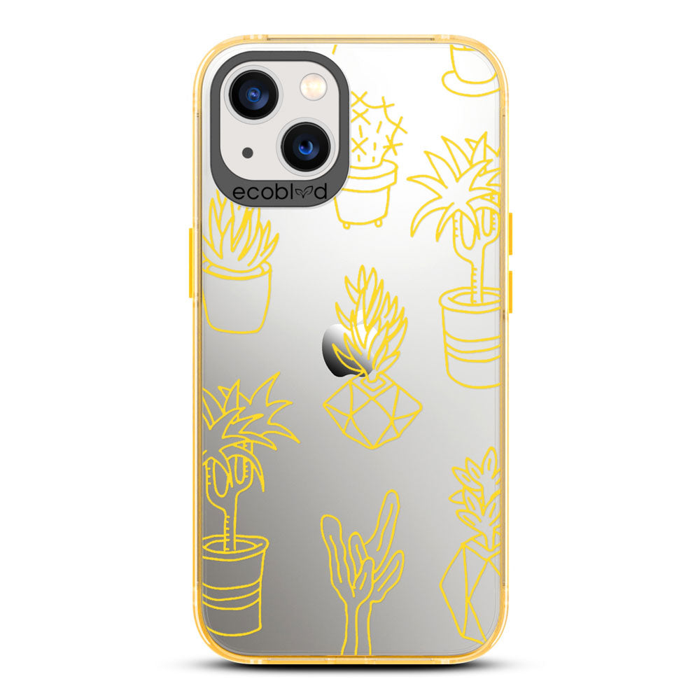 Laguna Collection - Yellow iPhone 13 Case With Line Art Succulent Garden Print On A Clear Back - 6FT Drop Protection