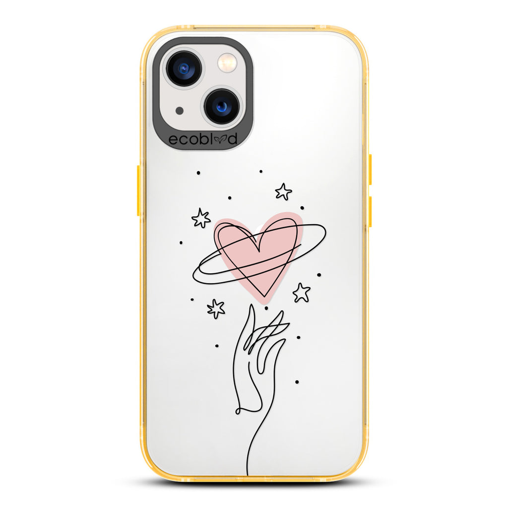 Be Still My Heart - Yellow Compostable iPhone 13 Case - Line Art Hand Reaching Out For Pink Heart, Stars On Clear Back