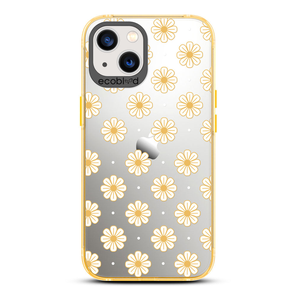Laguna Collection - Yellow Eco-Friendly iPhone 13 Case With White Floral Pattern Daisies & Dots On A Clear Back - Compostable