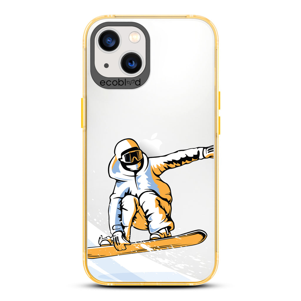 Winter Collection - Yellow Eco-Friendly iPhone 13 Case - A Snowboarder Jumps While Holding The Board On A Clear Back