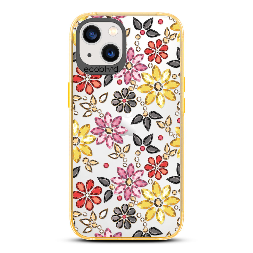 Spring Collection - Yellow Compostable iPhone 13 Case - Rhinestone Jewels In Floral Patterns On A Clear Back