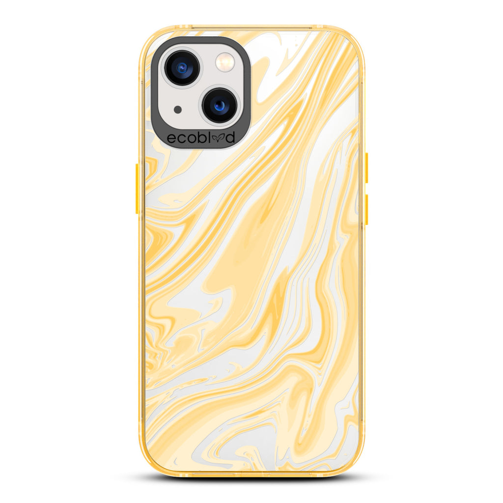 Timeless Collection - Yellow Laguna Compostable iPhone 13 Case With Marble Swirls On a Clear Back