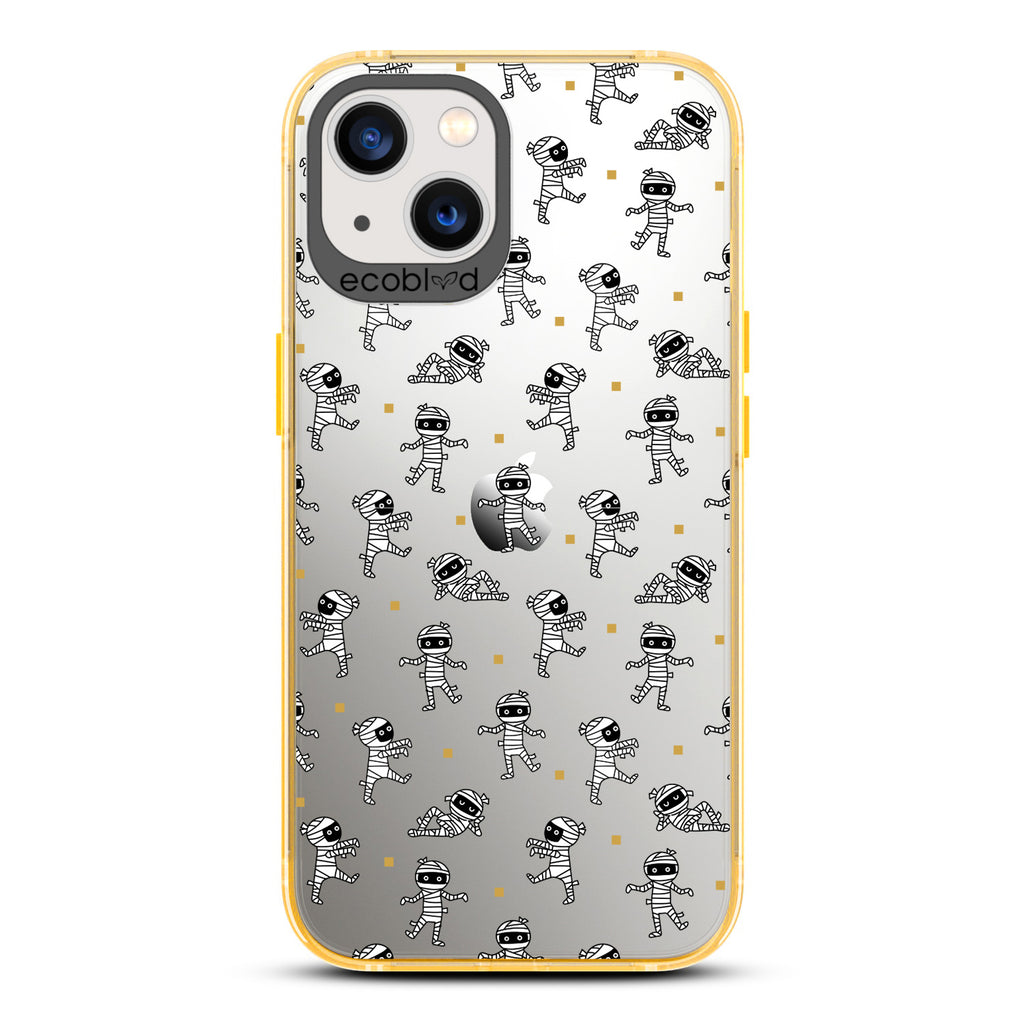 Halloween Collection - Yellow Laguna iPhone 13 Case With Multiple Cartoon Mummies Walking & Laying On A Clear Back