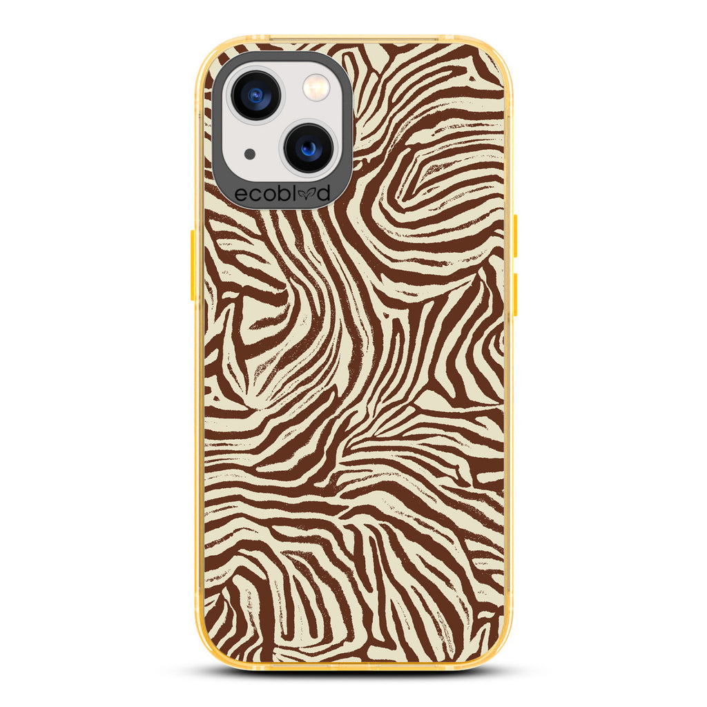 Contemporary Collection - Yellow Compostable iPhone 13 Case - Brown Zebra Print On A Clear Back
