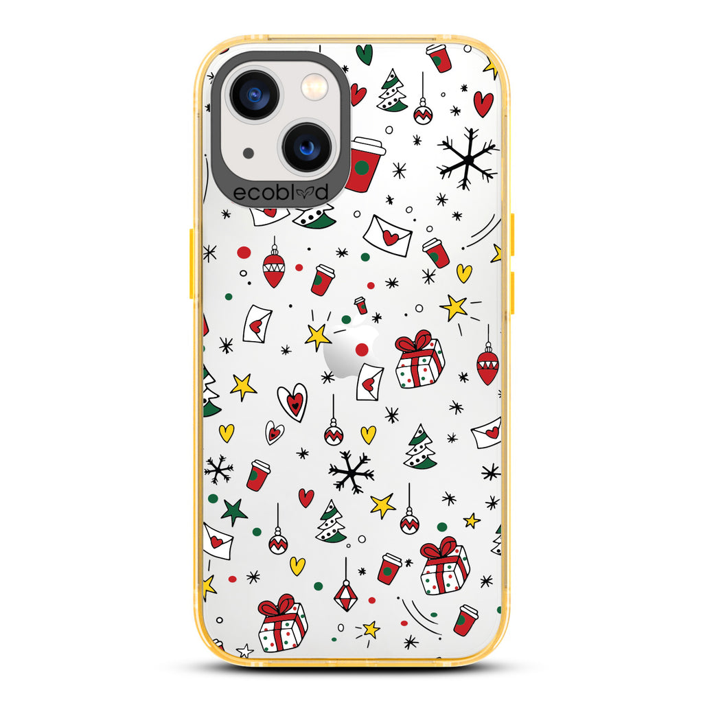 Winter Collection - Yellow Eco-Friendly Laguna iPhone 13 Case With Coffee Cups & Holiday Novelties On A Clear Back