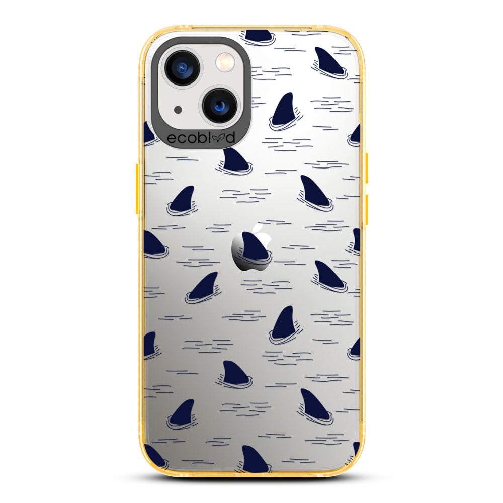 Laguna Collection - Yellow iPhone 13 Case With Shark Fins Peeking From Water On A Clear Back - 6FT Drop Protection