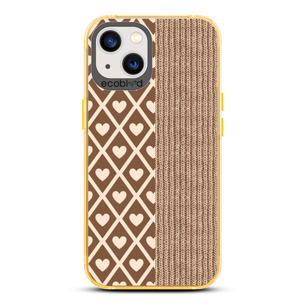 Love Collection - Yellow Compostable iPhone 13 Case - Left: Brown Argyle Print & Right: Sewn Fabric On A Clear Back