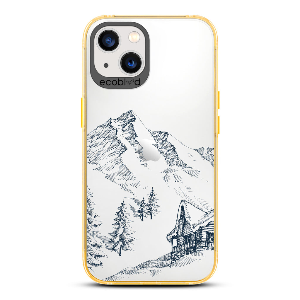 Winter Collection - Yellow Compostable iPhone 13 Case - Snowy Mountainside Wood Cabin On A Clear Back