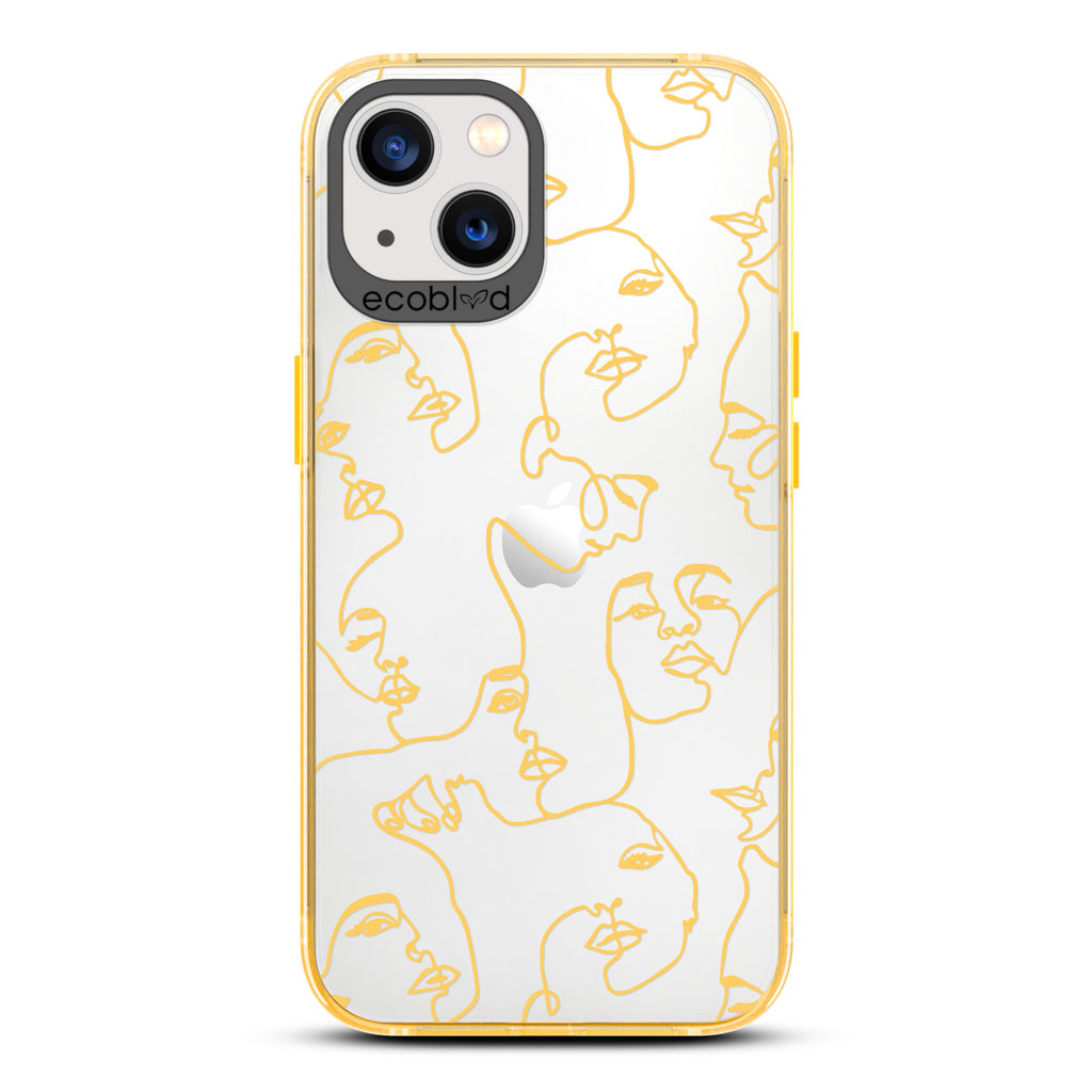 Contemporary Collection - Yellow Compostable iPhone 13 Case - Line Art Of A Woman's Face On A Clear Back