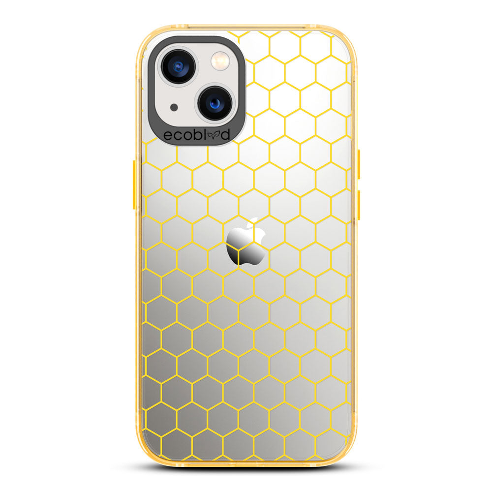 Laguna Collection - Yellow Eco-Friendly iPhone 13 Case With A Geometric Honeycomb Pattern On A Clear Back