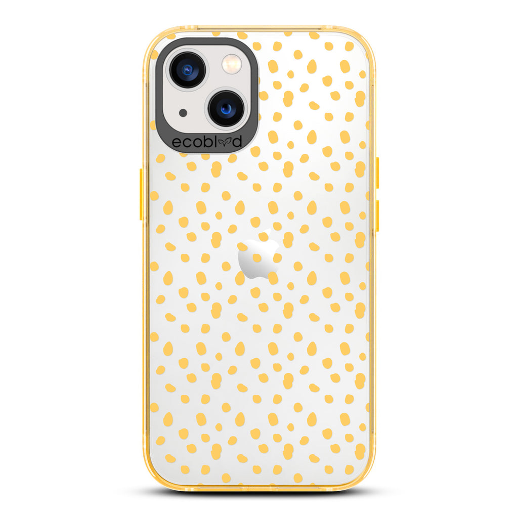 Timeless Collection - Yellow Laguna Compostable iPhone 13 Case With A Polka Dot Pattern On A Clear Back