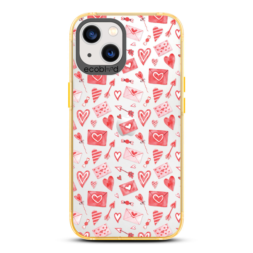 Love Collection - Yellow Compostable iPhone 13 Case - Red & Pink Love Letter Envelopes, Hearts & Arrows On Clear Back
