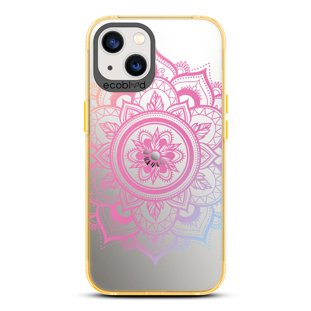 Laguna Collection - Yellow Compostable iPhone 13 Case With A Pink Lotus Flower Mandala Design On A Clear Back