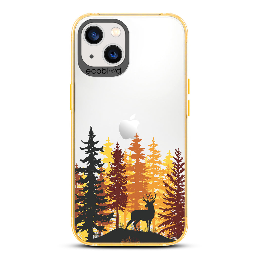 Winter Collection - Yellow Compostable iPhone 13 Case - Wild Stag Standing On Boulder In The Woods On Clear Back