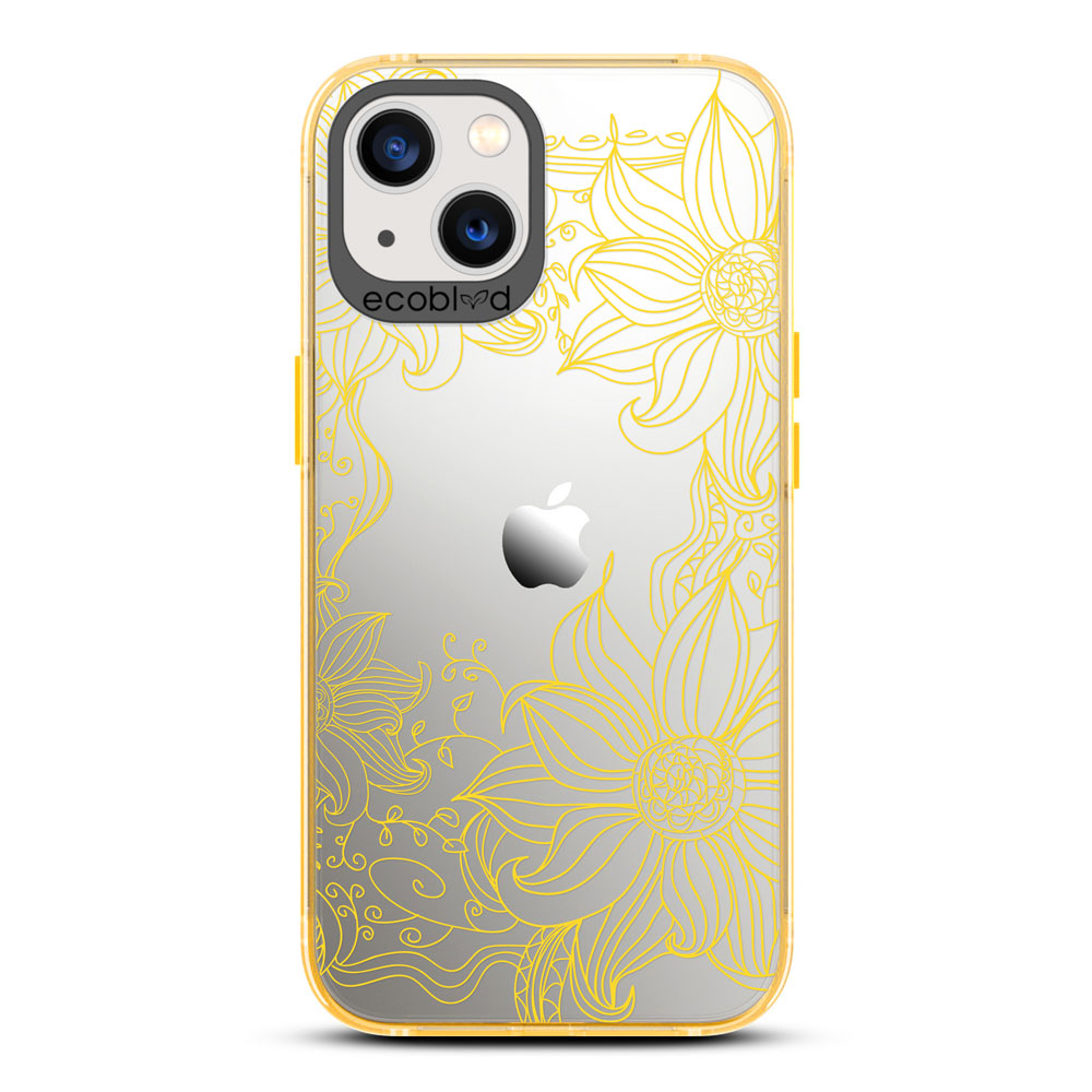 Laguna Collection - Yellow Eco-Friendly iPhone 13 Case With A Sunflower Stencil Line Art Design On A Clear Back