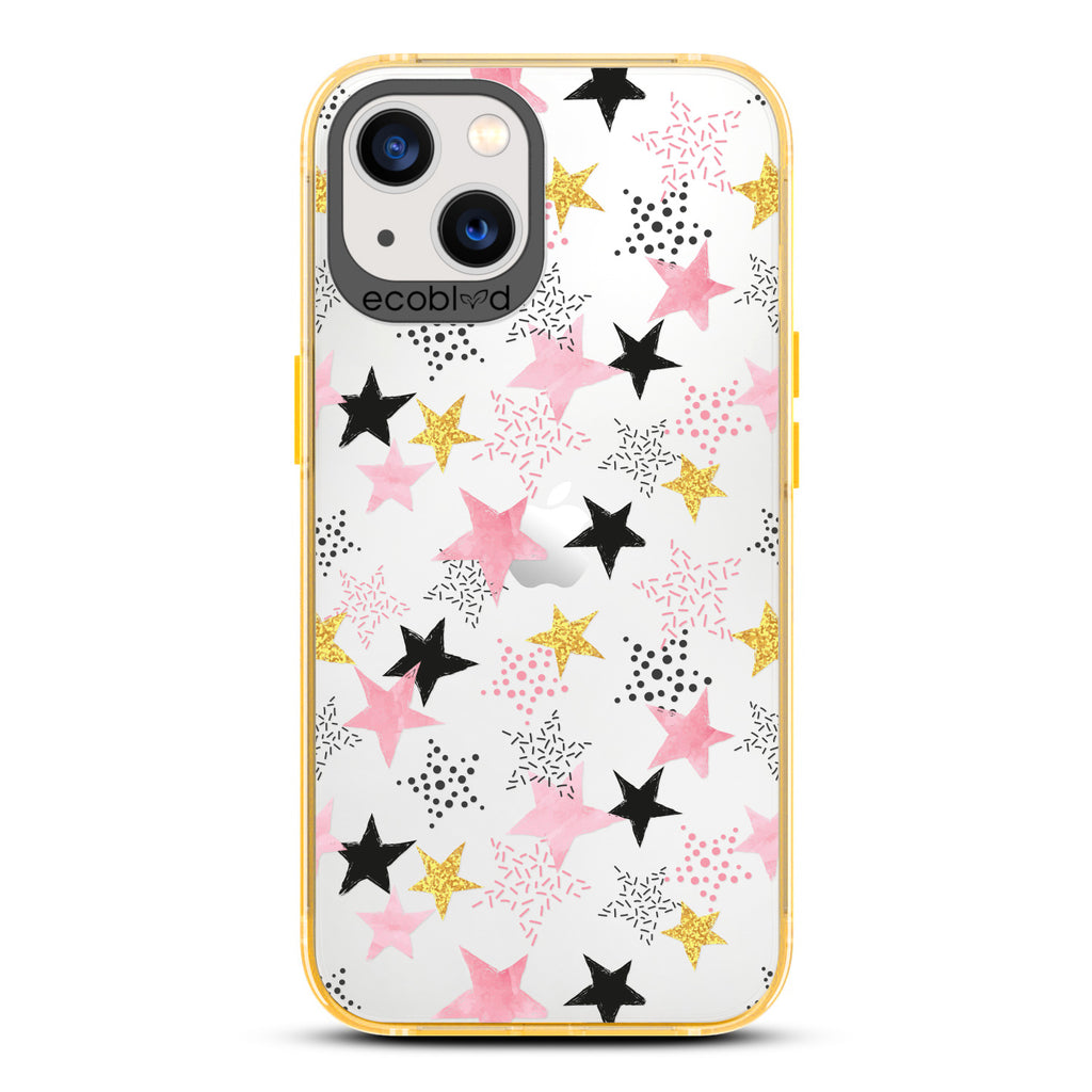 Winter Collection - Yellow Laguna iPhone 13 Case With Pink, Black & Gold Stars In Solid & Polka Dot Patterns
