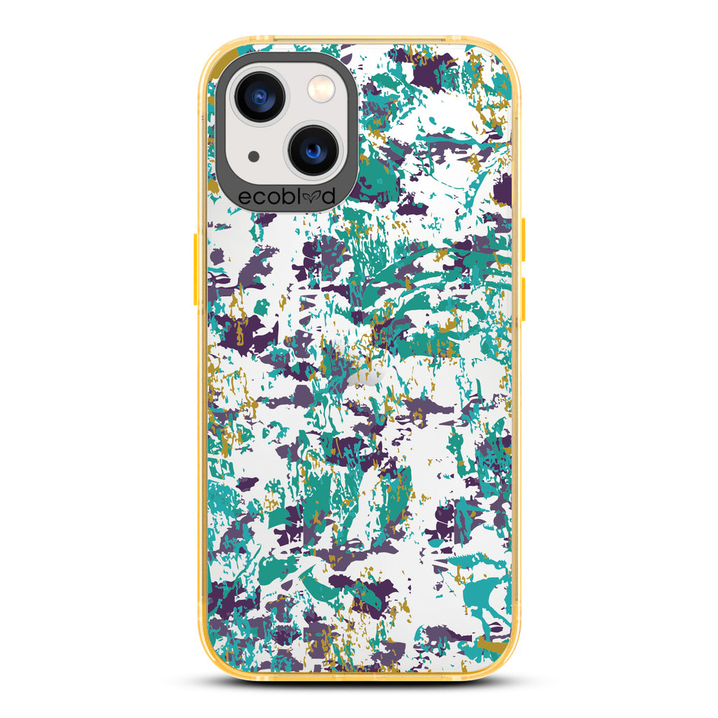 Contemporary Collection - Yellow Compostable iPhone 13 Case - Abstract Expressionist Paint Splatter On A Clear Back