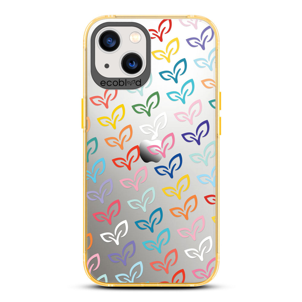 Laguna Collection - Yellow iPhone 13 Case With Colorful V-Leaf Monogram Print On A Clear Back - 6FT Drop Protection