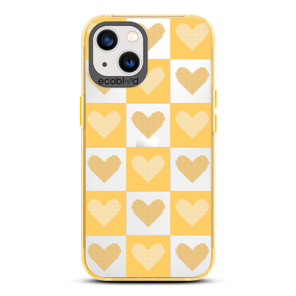 Love Collection - Yellow Compostable iPhone 13 Case - Yellow Checkered Print With Knitted Hearts On A Clear Back