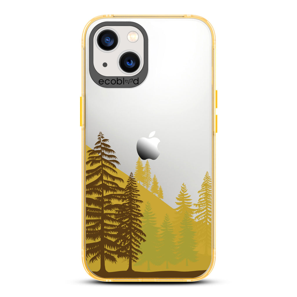 Laguna Collection - Yellow Compostable iPhone 13 Case With A Minimalist Mountainside Pine Tree Forest On A Clear Back