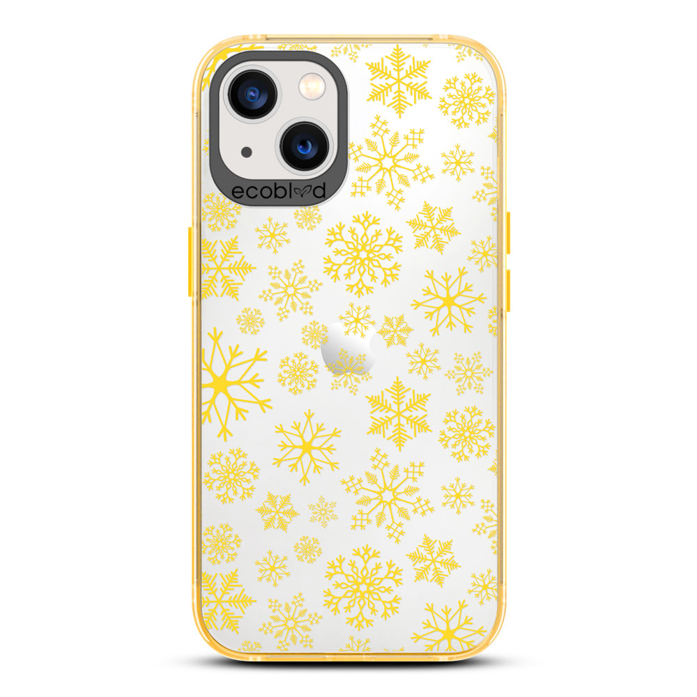 Winter Collection - Yellow Eco-Friendly Laguna iPhone 13 Case With A Snowflake Pattern On A Clear Back