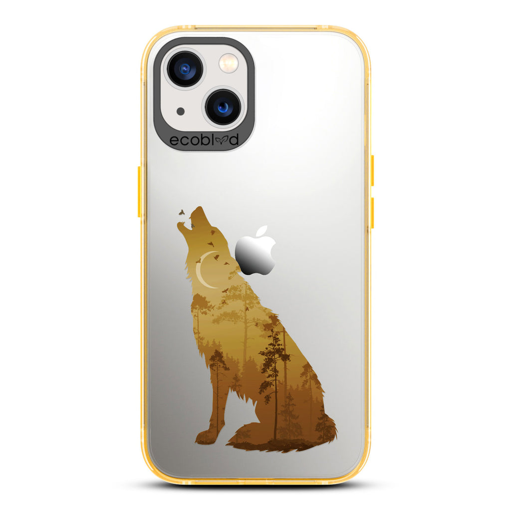 Laguna Collection - Yellow Eco-Friendly iPhone 13 Case With A Howling Wolf And Moonlit Woodlands Print On A Clear Back
