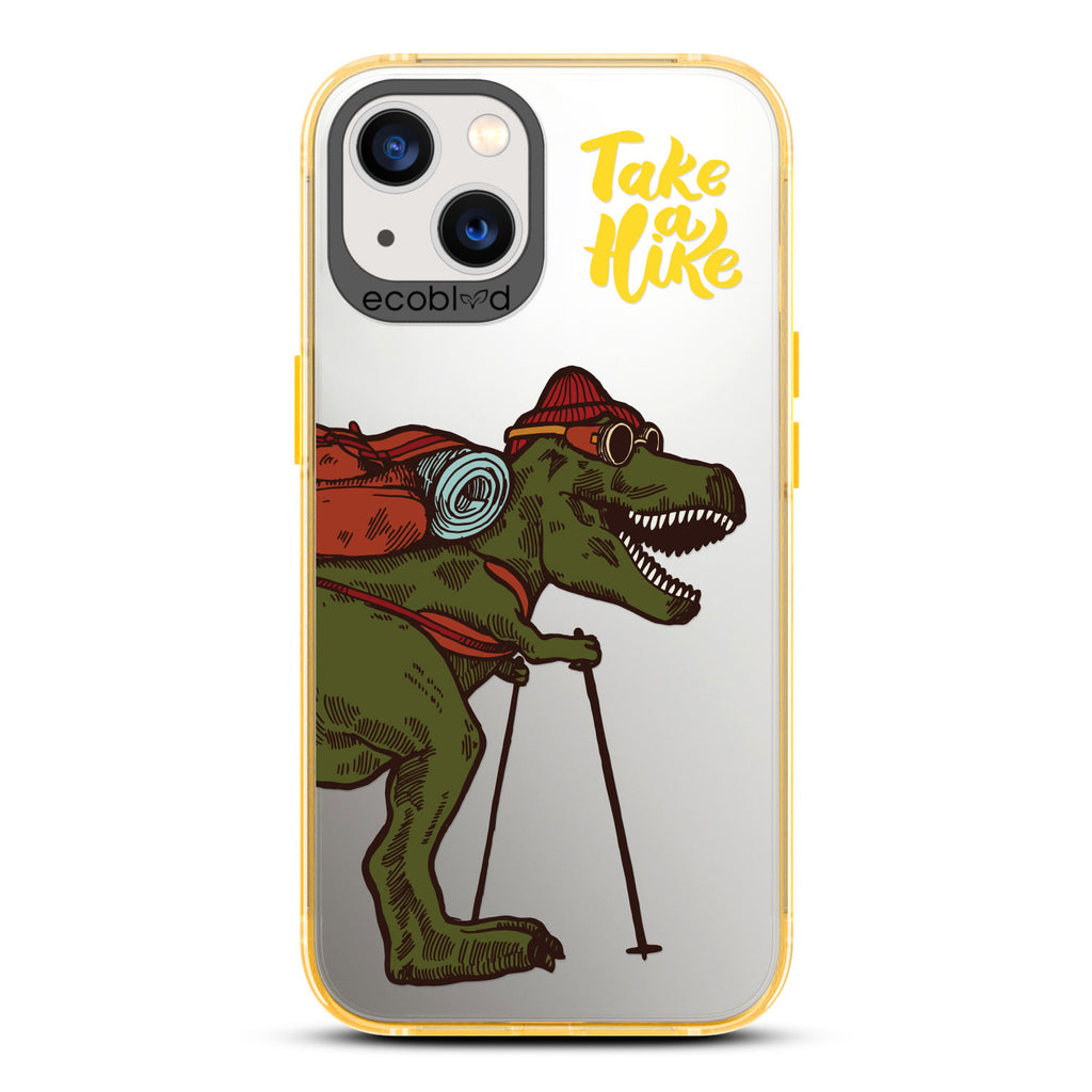 Laguna Collection - Yellow iPhone 13 Case With A Trail-Ready T-Rex And A Quote Saying Take A Hike On A Clear Back