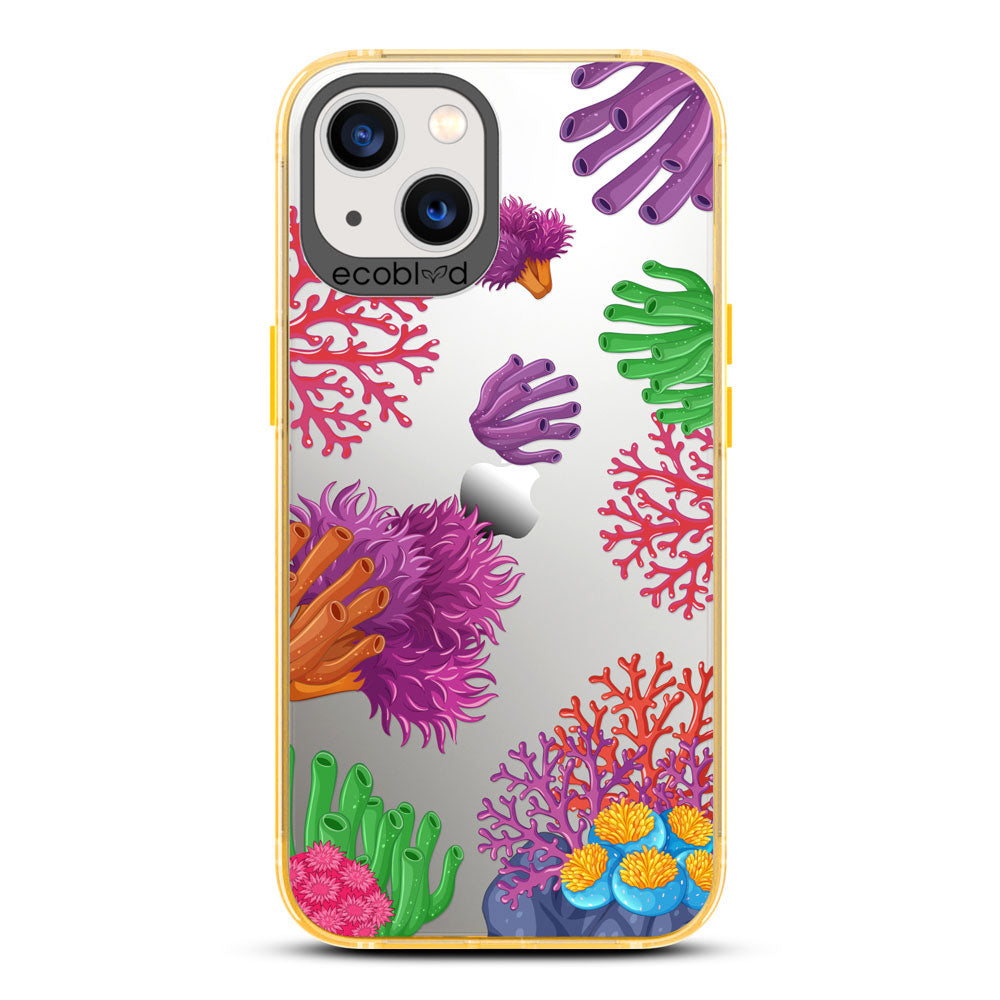 Laguna Collection - Yellow Eco-Friendly iPhone 13 Case With A Colorful Underwater Coral Reef Pattern On A Clear Back