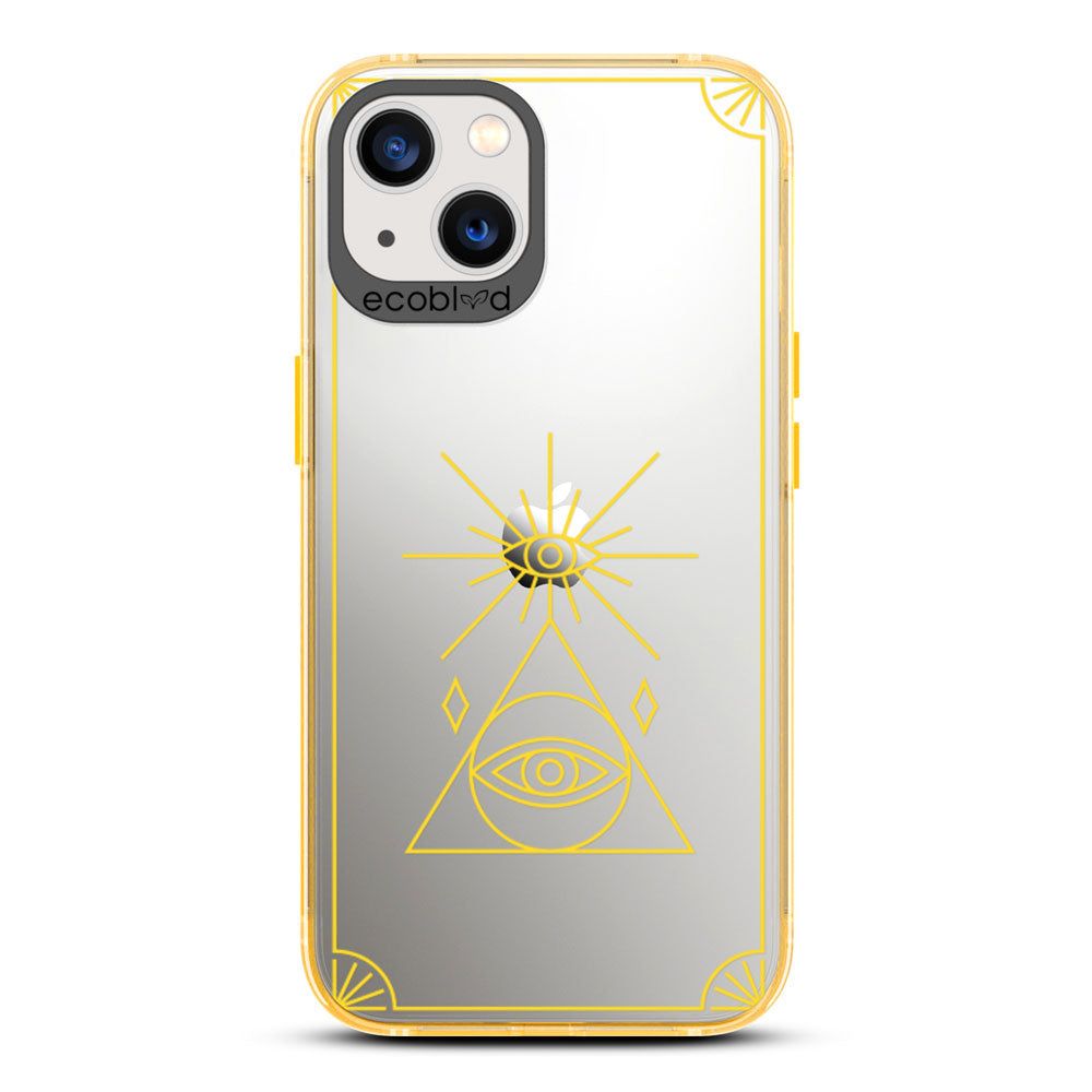 Laguna Collection - Yellow iPhone 13 Case With An All Seeing Eye Tarot Card On A Clear Back - 6FT Drop Protection