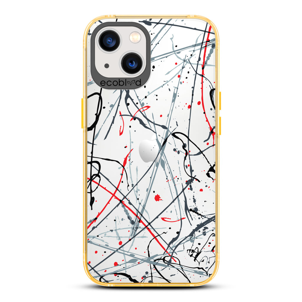 Contemporary Collection - Yellow Compostable iPhone 13 Case - Black & Red Paint Splatter On A Clear Back