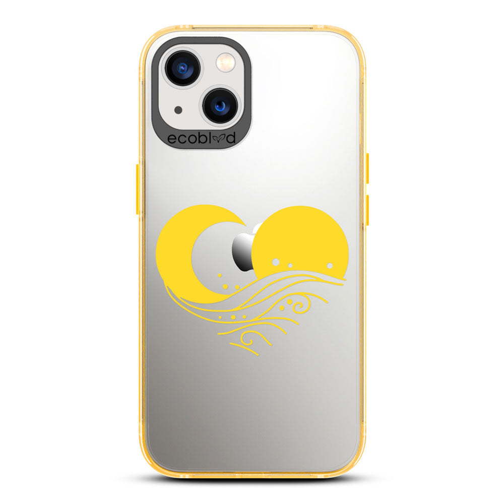 Laguna Collection - Yellow Compostable iPhone 13 Case With The Sun, Moon & A Wave Forming A Heart On A Clear Back