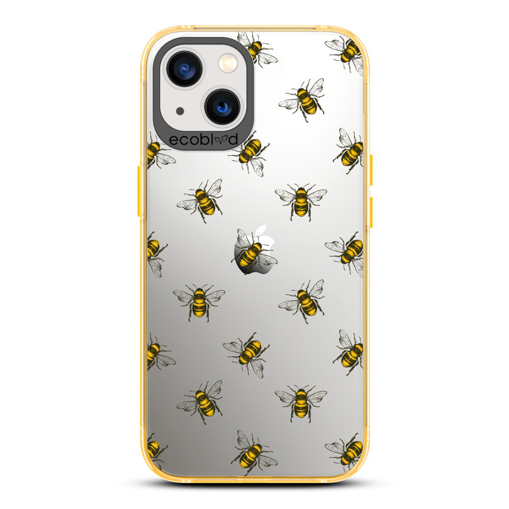 Laguna Collection - Yellow Eco-Friendly iPhone 13 Case With A Honey Bees Design On A Clear Back - Compostable
