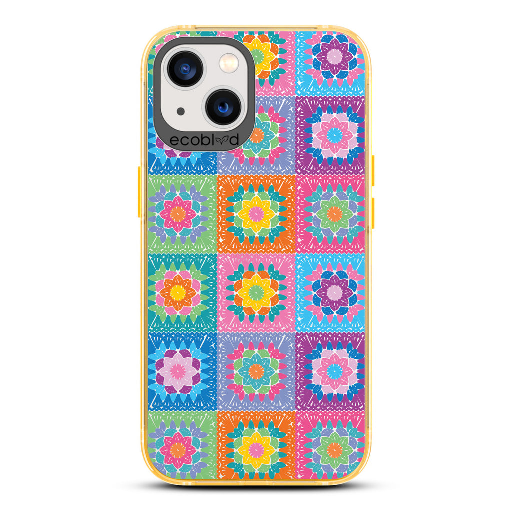 All Squared Away - Pastel Vintage Granny Squares Crochet - Eco-Friendly Clear iPhone 13 Case With Yellow Rim 