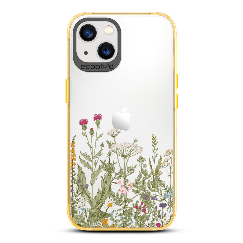 Spring Collection - Yellow Compostable iPhone 13 Case - Wild Herbs & Flowers Botanical Herbarium On A Clear Back