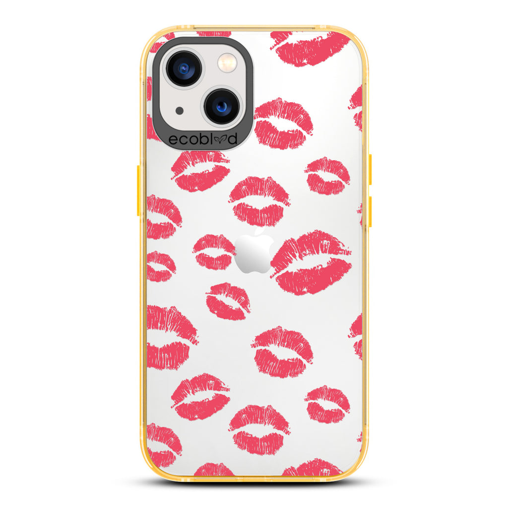 Love Collection - Yellow Compostable iPhone 13 Case - Multiple Red Lipstick Kisses On A Clear Back