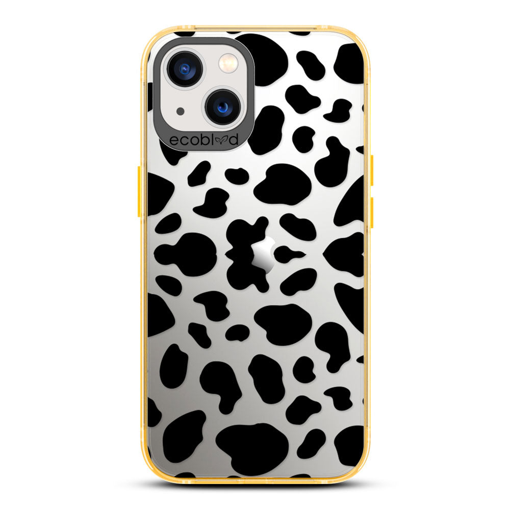 Laguna Collection - Yellow Eco-Friendly iPhone 13 Case With A Black Spots Cow Print On A Clear Back - Compostable