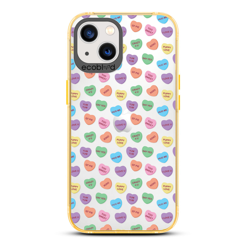 Love Collection - Yellow Compostable iPhone 13 Case - Pastel Colored Candy Hearts With Romantic Quotes On Clear Back