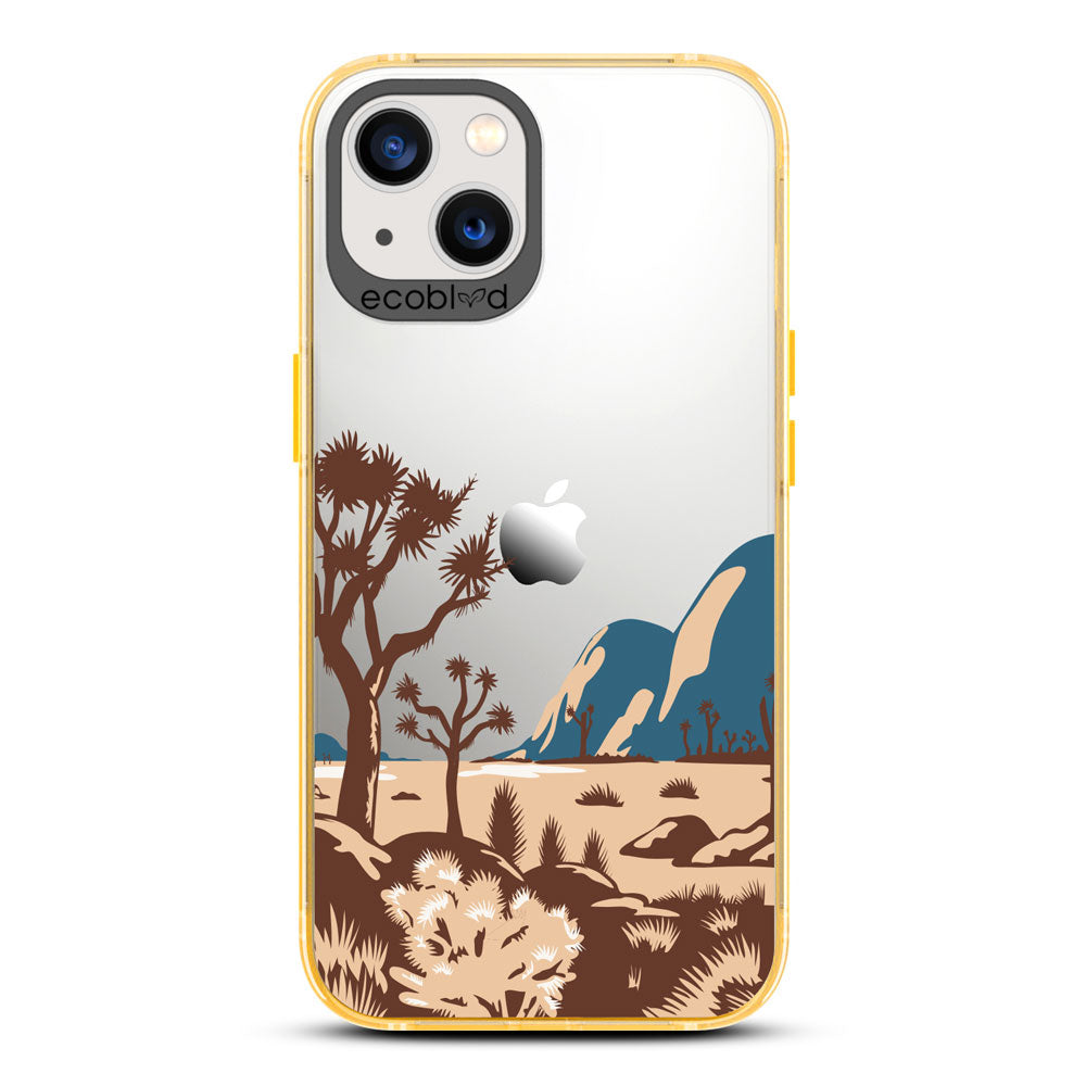 Laguna Collection - Yellow Compostable iPhone 13 Case With Minimalist Joshua Tree Desert Landscape On A Clear Back