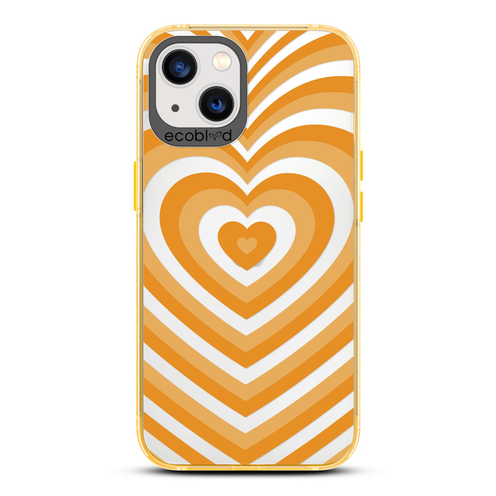 Love Collection - Yellow Compostable iPhone 13 Case - A Small Yellow Heart Gradually Growing Larger On A Clear Back