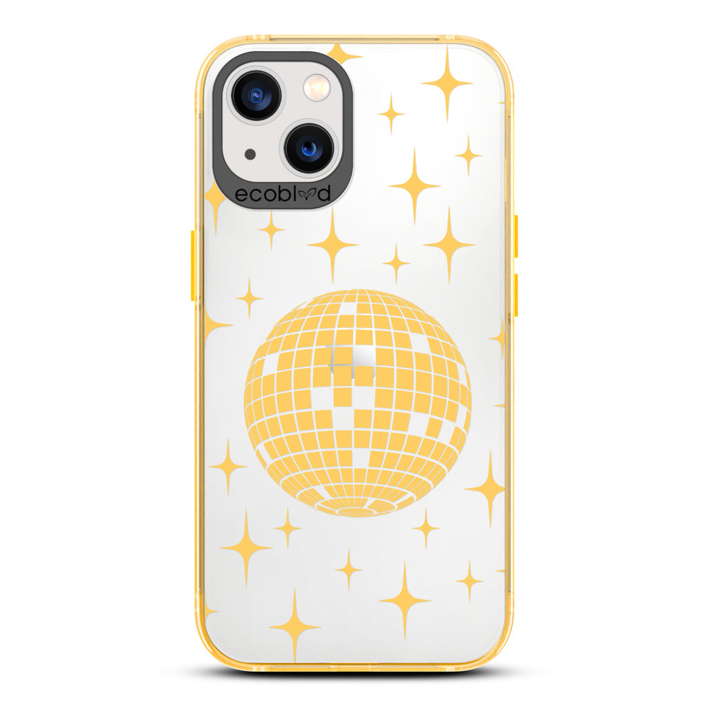 Winter Collection - Yellow Eco-Friendly iPhone 13 Case - A Mirror Ball Shines With Stars On A Clear Back