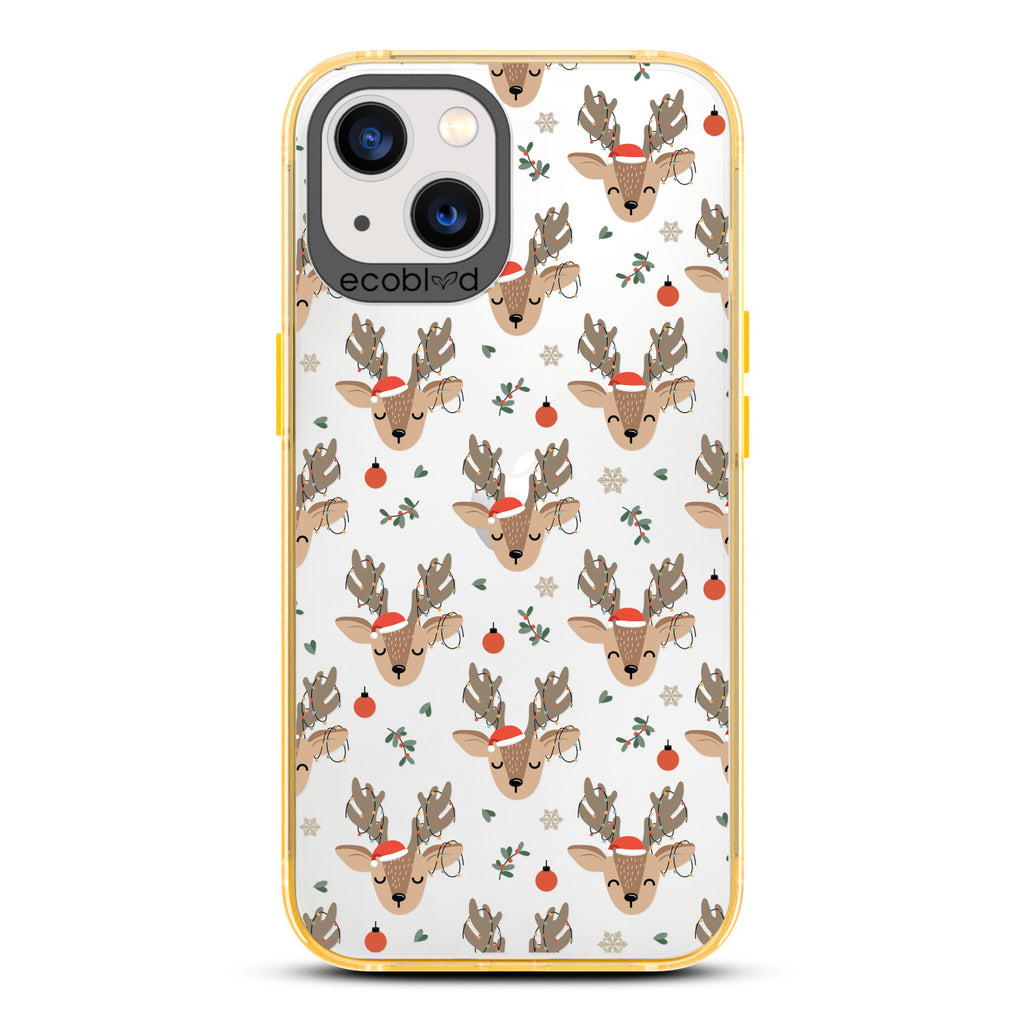 Winter Collection - Yellow Laguna iPhone 13 Case With Reindeer Wearing Santa Hats & Christmas Lights On A Clear Back