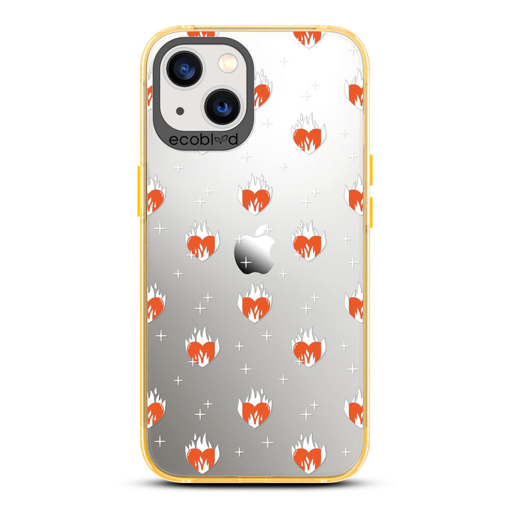 Laguna Collection - Yellow Eco-Friendly iPhone 13 Case With A Flaming Red Hearts & Stars Pattern On A Clear Back 