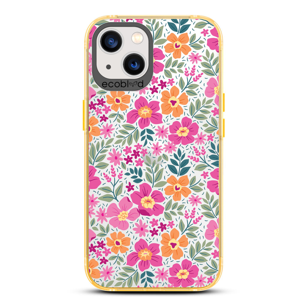Spring Collection - Yellow Compostable iPhone 13 Case - Bright, Colorful  Vintage Cartoon Flowers with Leaves On A Clear Back