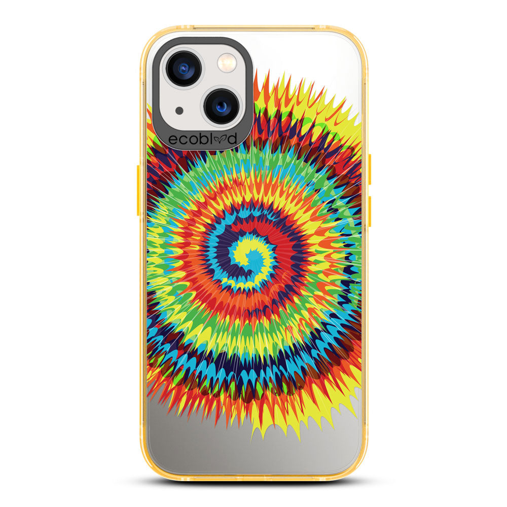 Laguna Collection - Yellow iPhone 13 Case With A Retro Rainbow Tie Dye Print On A Clear Back - 6FT Drop Protection