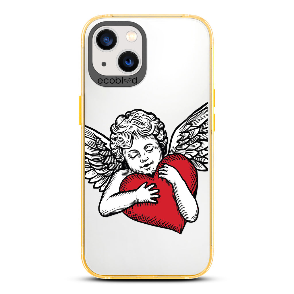 Love Collection - Yellow Compostable iPhone 13 Case - Black & Grey Tattoo Style Cupid Holding Red Heart On Clear Back