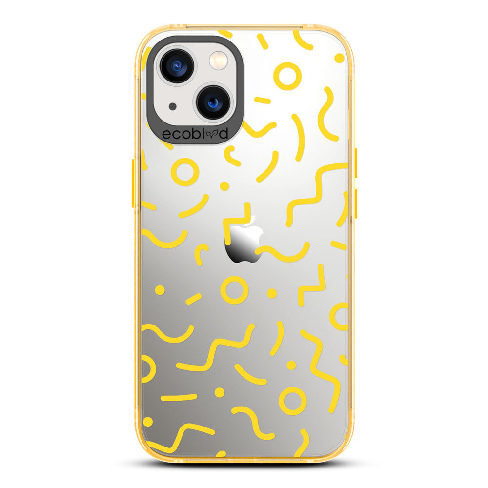 90's Kids - Yellow Eco-Friendly iPhone 13 Case with Retro 90's Lines & Squiggles On A Clear Back