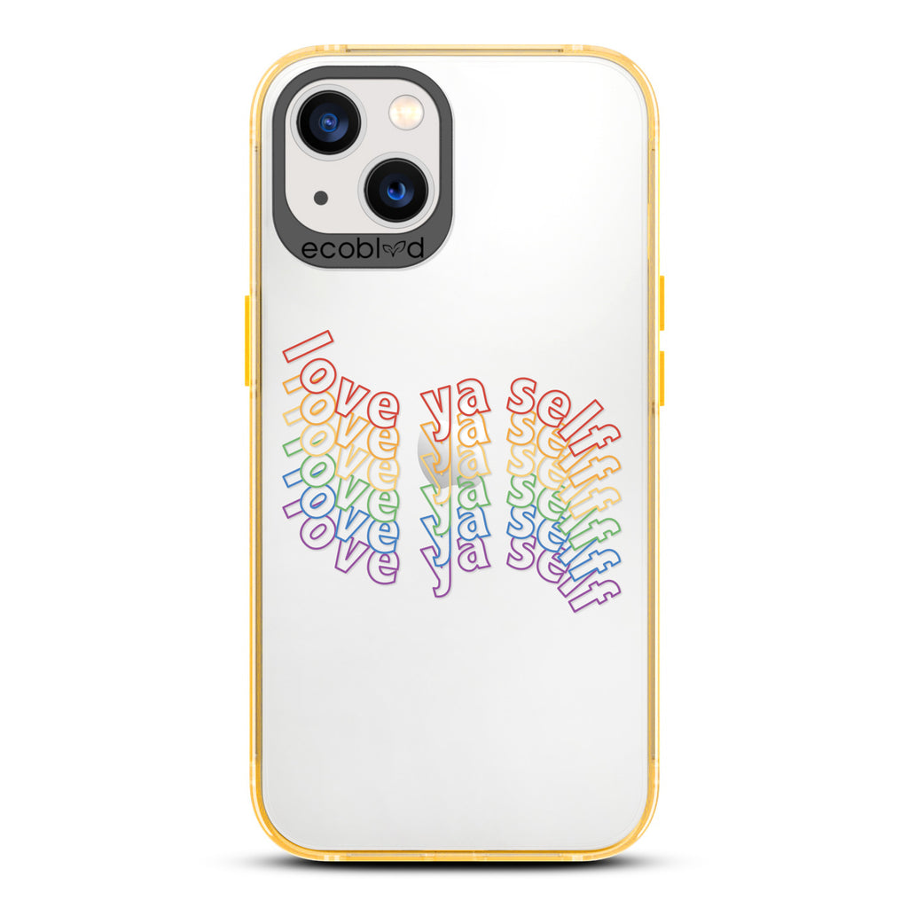Love Collection - Yellow Compostable iPhone 13 Case - Love Ya Self In Repeating Rainbow Gradient Back On A Clear Back