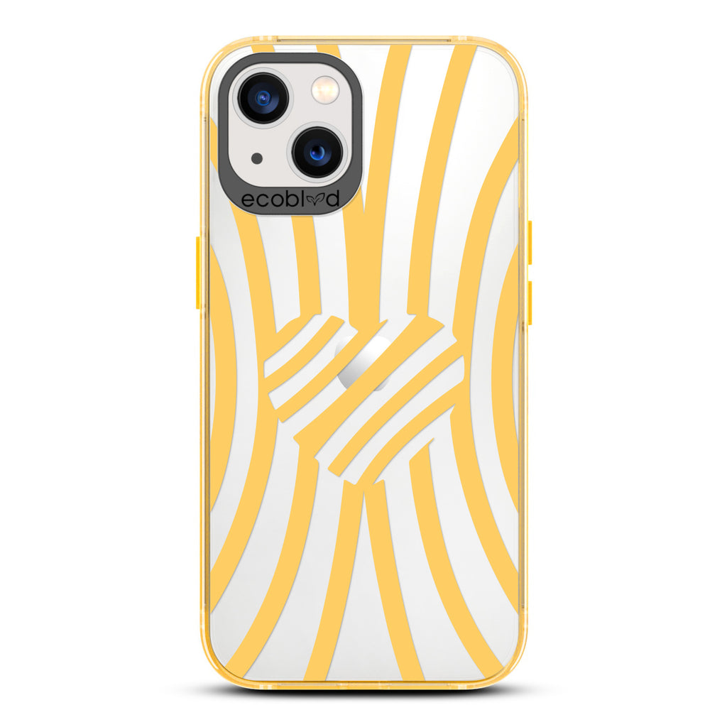 Love Collection - Yellow Compostable iPhone 13 Case - Yellow Zebra Stripes & A Heart In The Center On A Clear Back