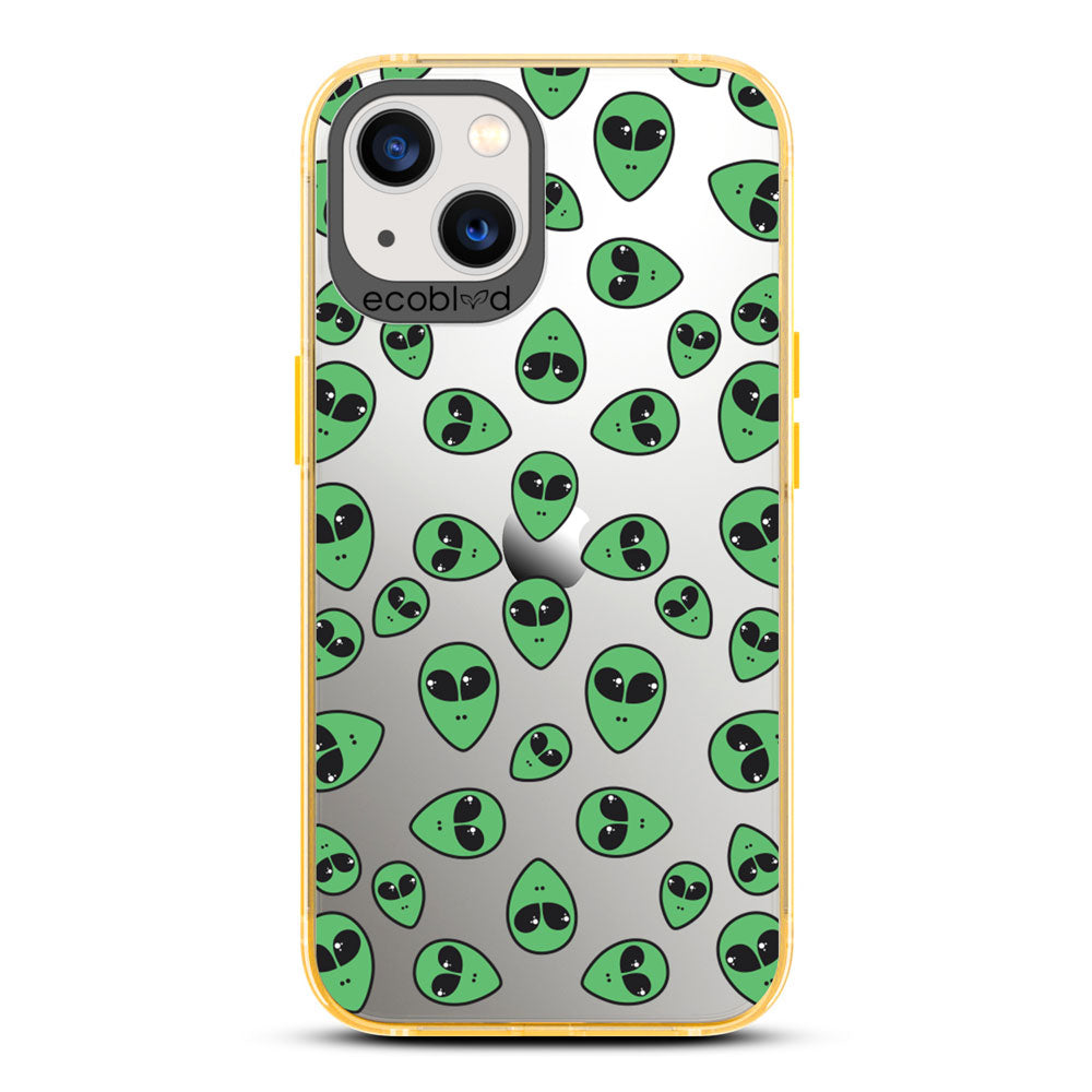 Laguna Collection - Yellow Eco-Friendly iPhone 13 Case With Green Cartoon Alien Heads On A Clear Back - Compostable